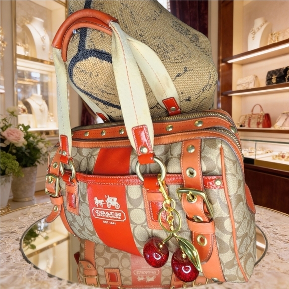 Coach Heritage Strip XL ZIP Satchel With Cherry Charm - Picture 10 of 16